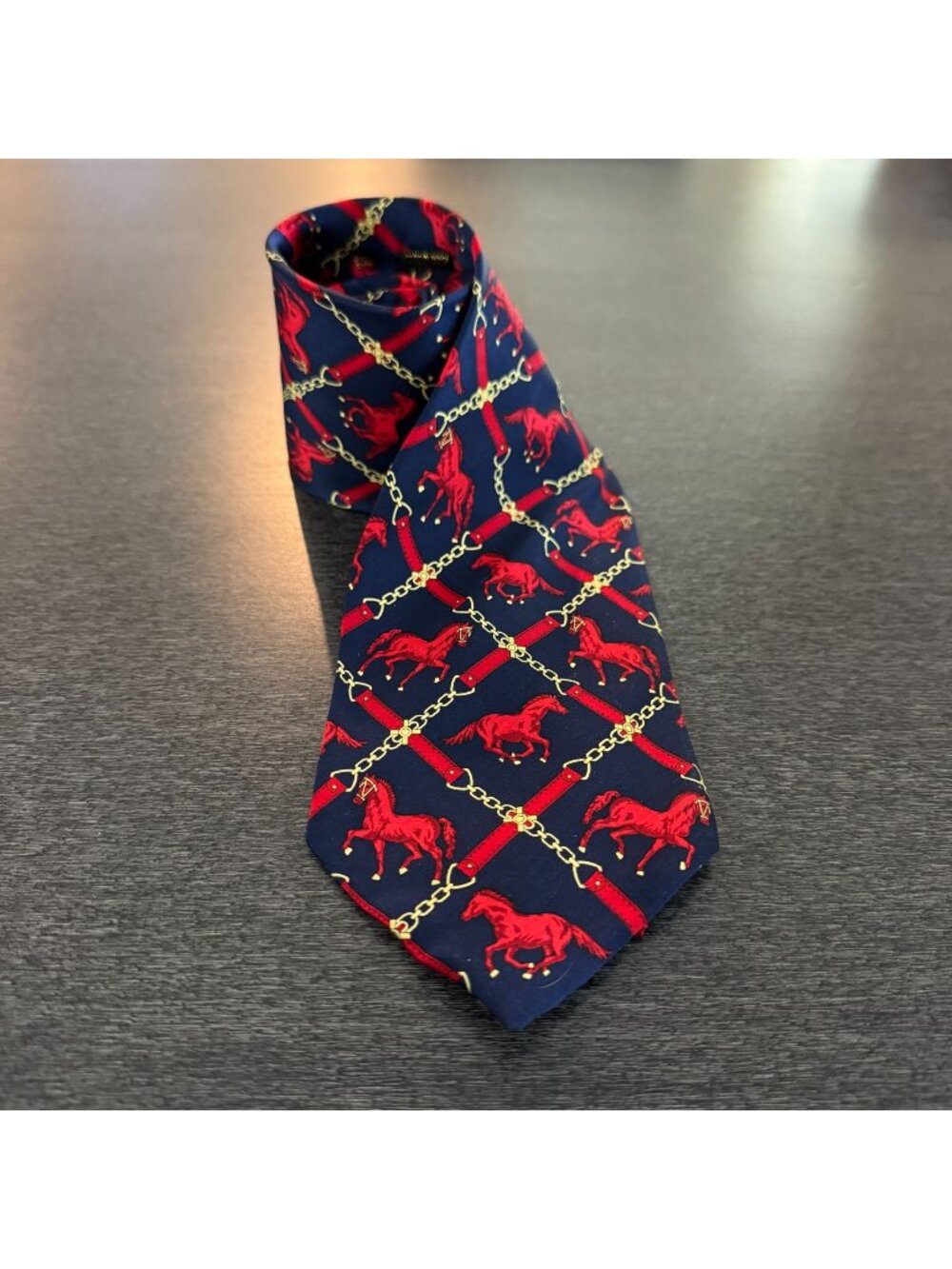 Vintage Sinsabang Pure Silk Tie Red Horse Gold Chain Classic Made In Korea